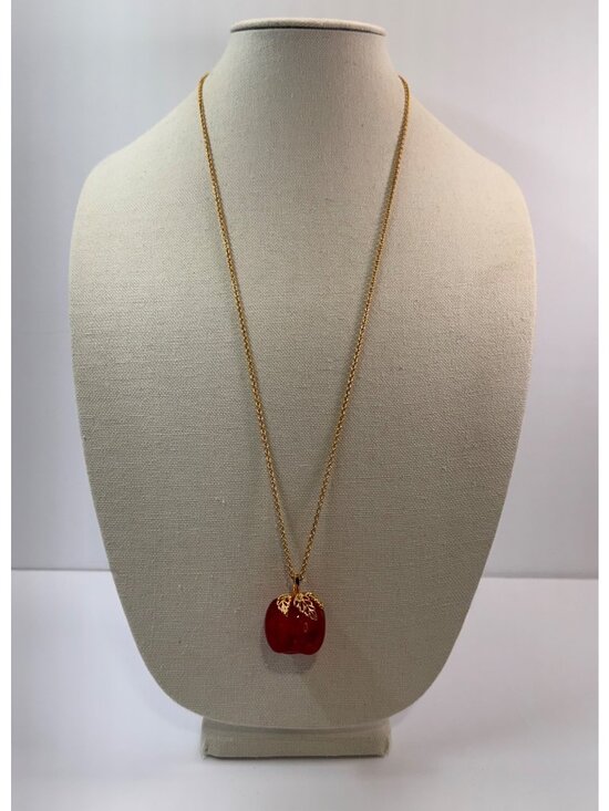 Avon Jewelry - Vintage Avon Red Lucite Apple Pendant Necklace Gold Tone Rhinestone 32”